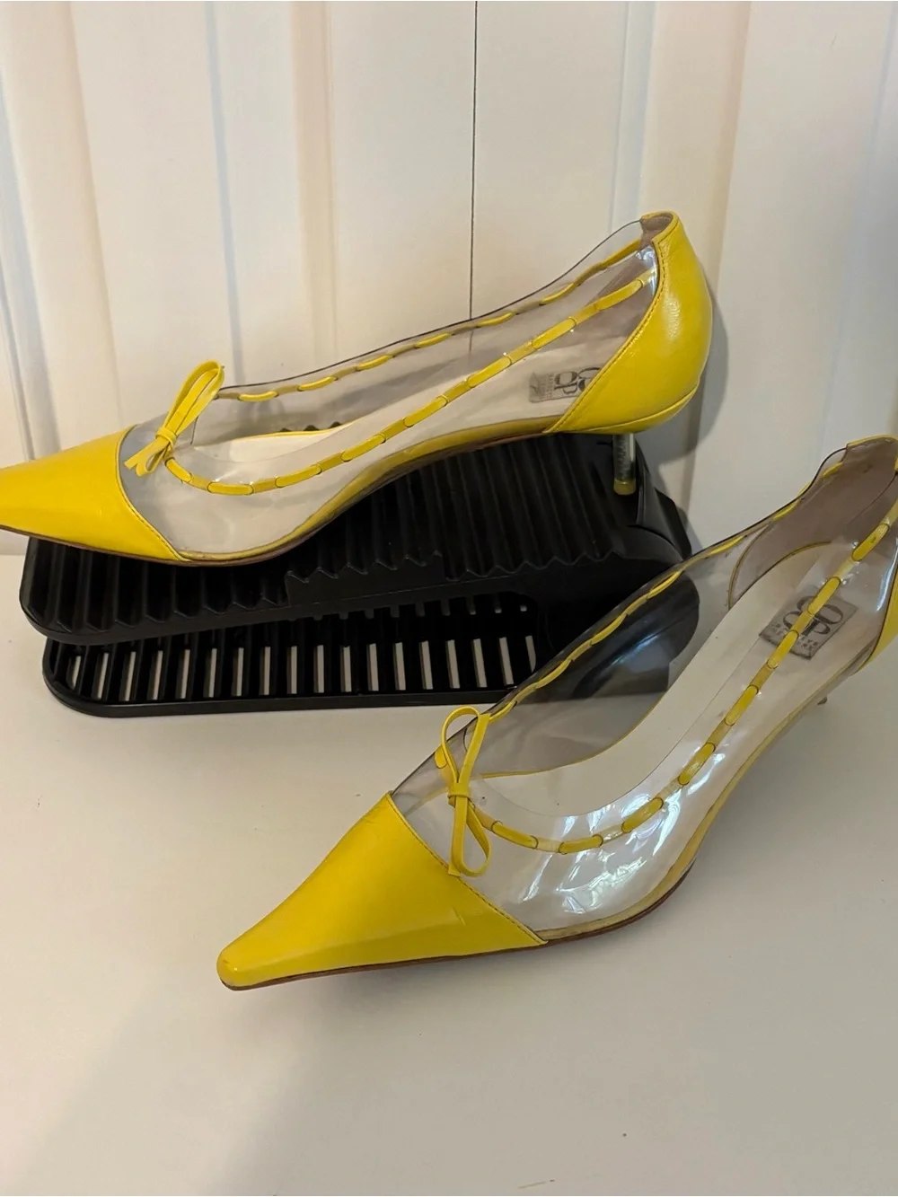 Vintage BARNEYS NEW YORK CO-OP, Yellow Leather and Clear PVC Pointy Kitten Heels